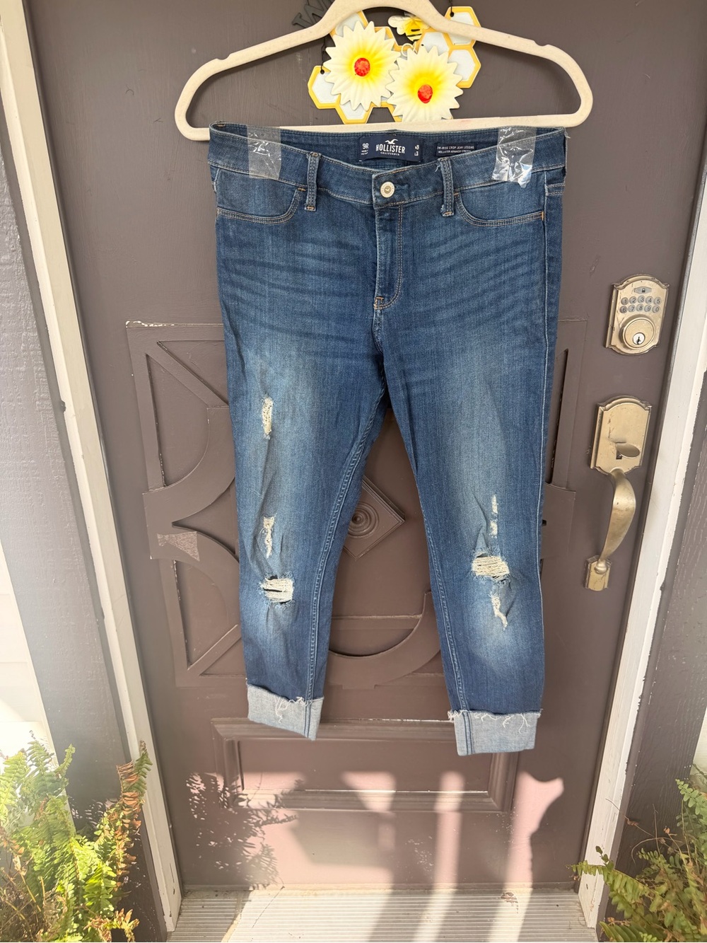 Hollister Distressed Medium Blue Cropped Jeans with Cuffs